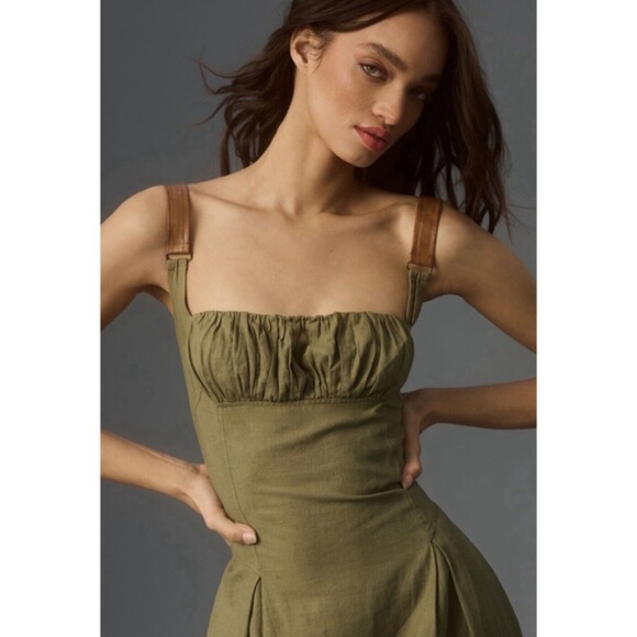 Anthropologie Midi Dress Linen Square Neck A Line Utility - Picture 3 of 9